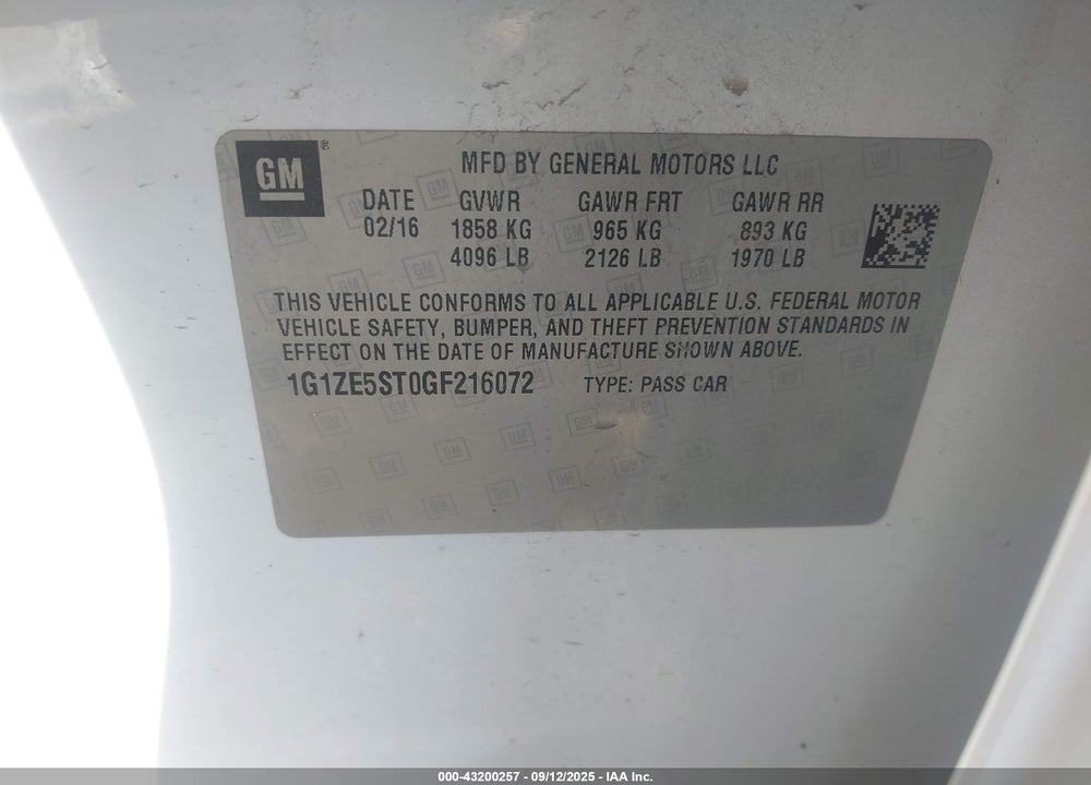 2016 CHEVROLET MALIBU VIN: 1G1ZE5ST0GF216072