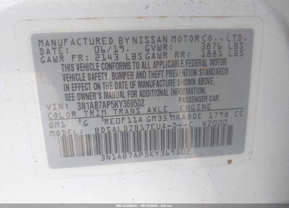2019 NISSAN SENTRA VIN: 3N1AB7AP5KY369502