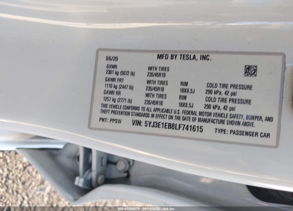 2020 TESLA MODEL 3 VIN: 5YJ3E1EB8LF741615