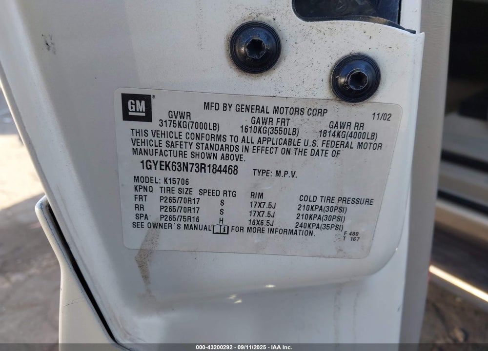 2003 CADILLAC ESCALADE STANDARD VIN: 1GYEK63N73R184468