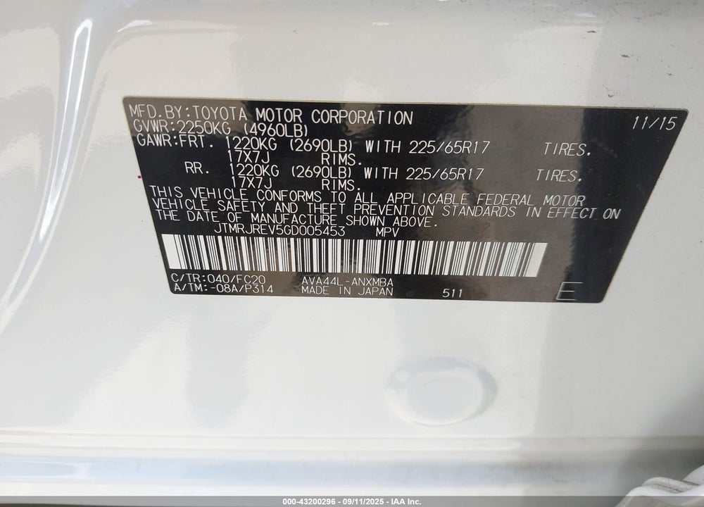 2016 TOYOTA RAV4 HYBRID VIN: JTMRJREV5GD005453