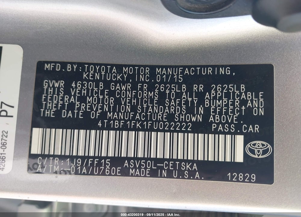 2015 TOYOTA CAMRY SE VIN: 4T1BF1FK1FU022222