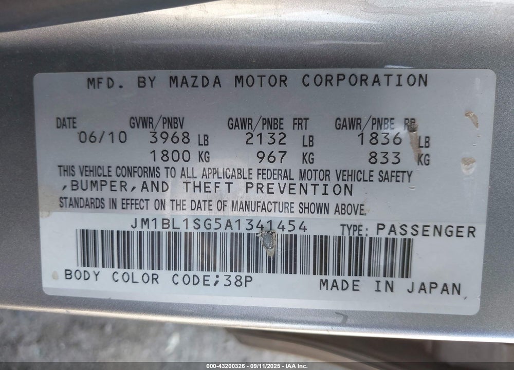 2010 MAZDA 3 VIN: JM1BL1SG5A1341454