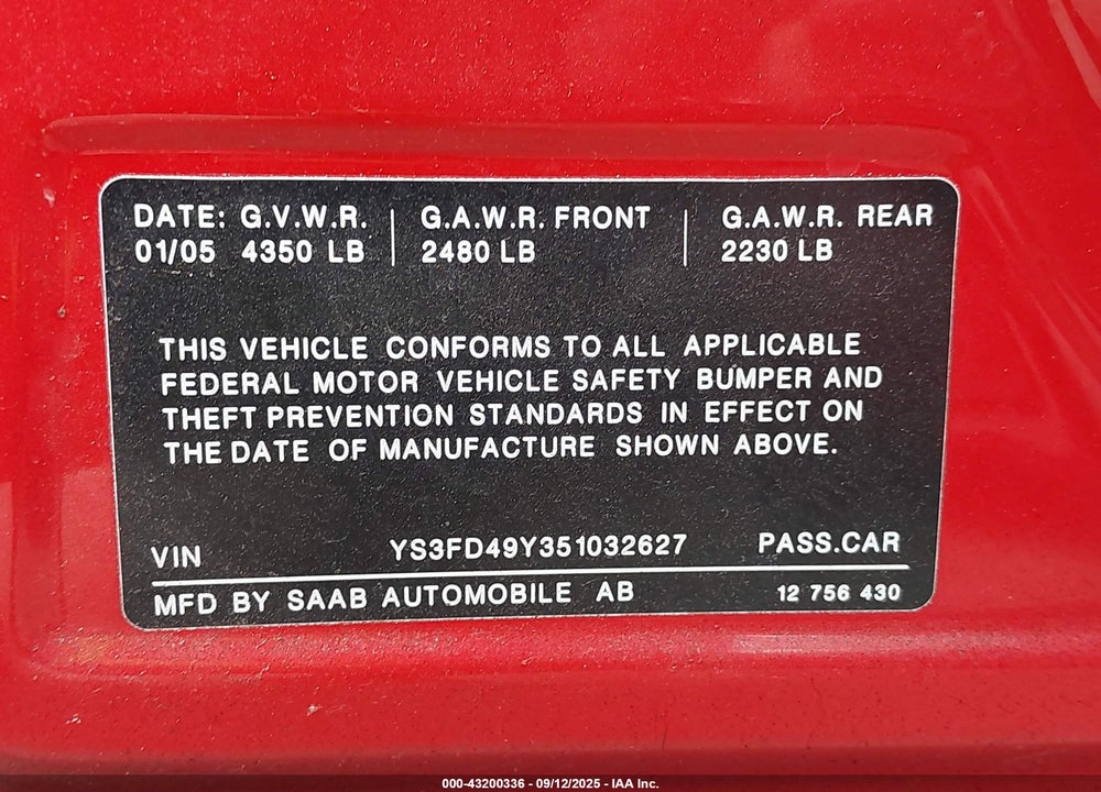 2005 SAAB 9-3 ARC VIN: YS3FD49Y351032627