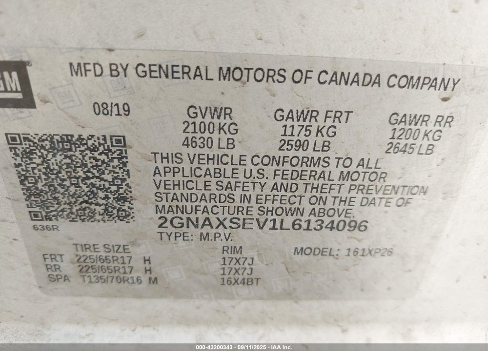 2020 CHEVROLET EQUINOX VIN: 2GNAXSEV1L6134096