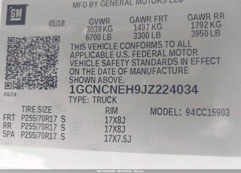 2018 CHEVROLET SILVERADO 1500 WT VIN: 1GCNCNEH9JZ224034