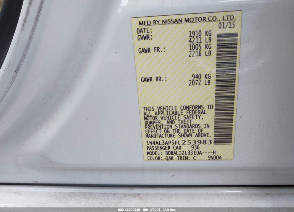 2015 NISSAN ALTIMA VIN: 1N4AL3AP5FC253983