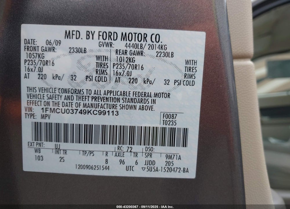 2009 FORD ESCAPE VIN: 1FMCU03749KC99113