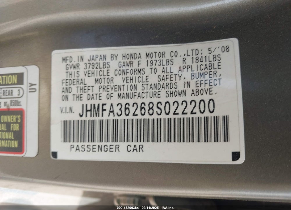 2008 HONDA CIVIC HYBRID VIN: JHMFA36268S022200