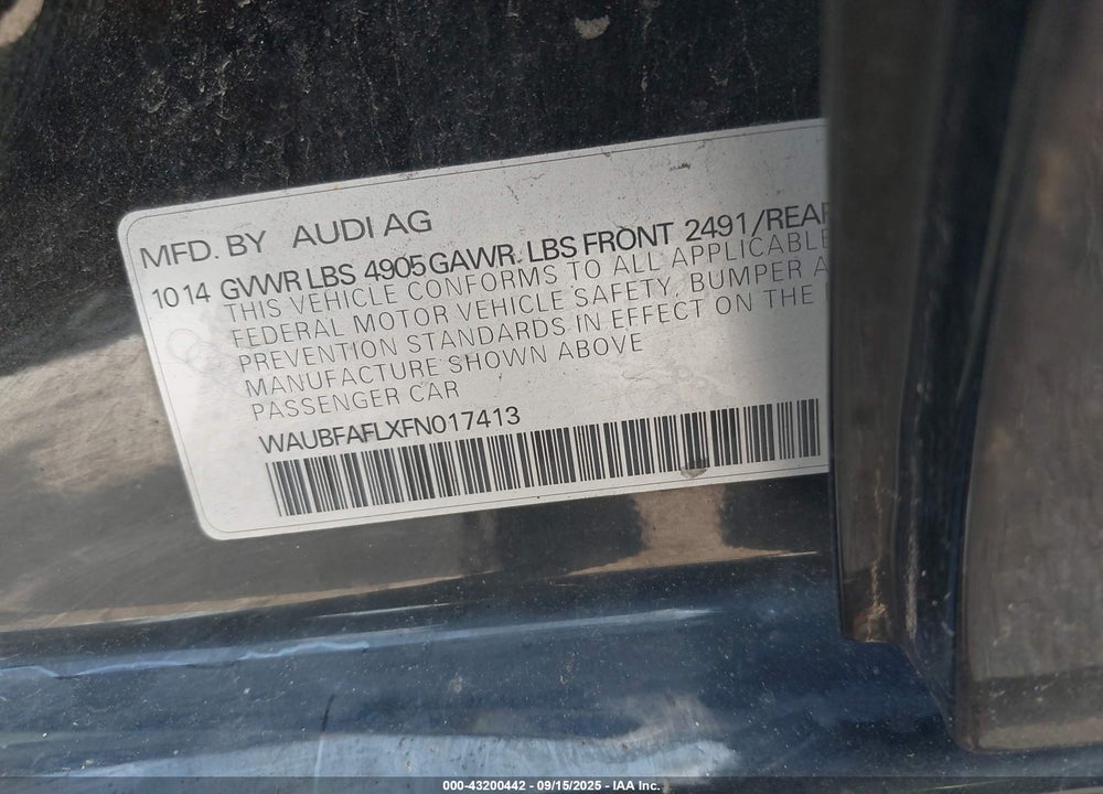 2015 AUDI A4 2.0T PREMIUM VIN: WAUBFAFLXFN017413