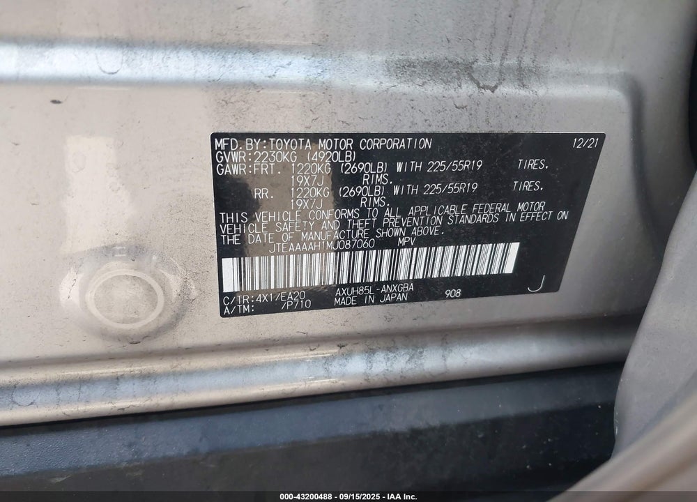2021 TOYOTA VENZA XLE VIN: JTEAAAAH1MJ087060