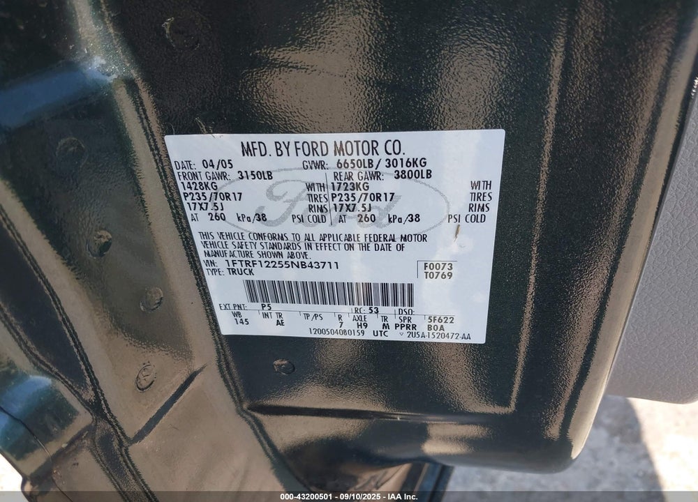 2005 FORD F-150 STX/XL/XLT VIN: 1FTRF12255NB43711