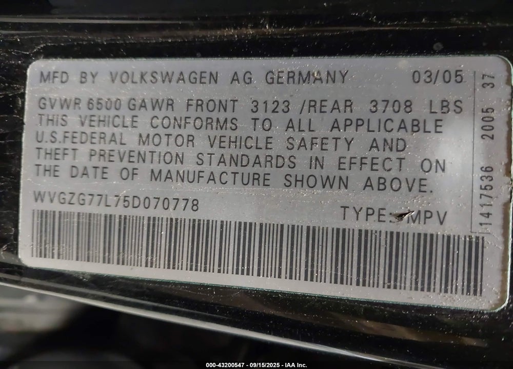 2005 VOLKSWAGEN TOUAREG V6 VIN: WVGZG77L75D070778