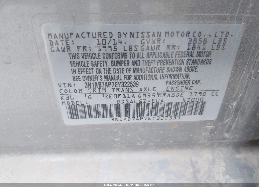 2014 NISSAN SENTRA VIN: 3N1AB7AP7EY322539