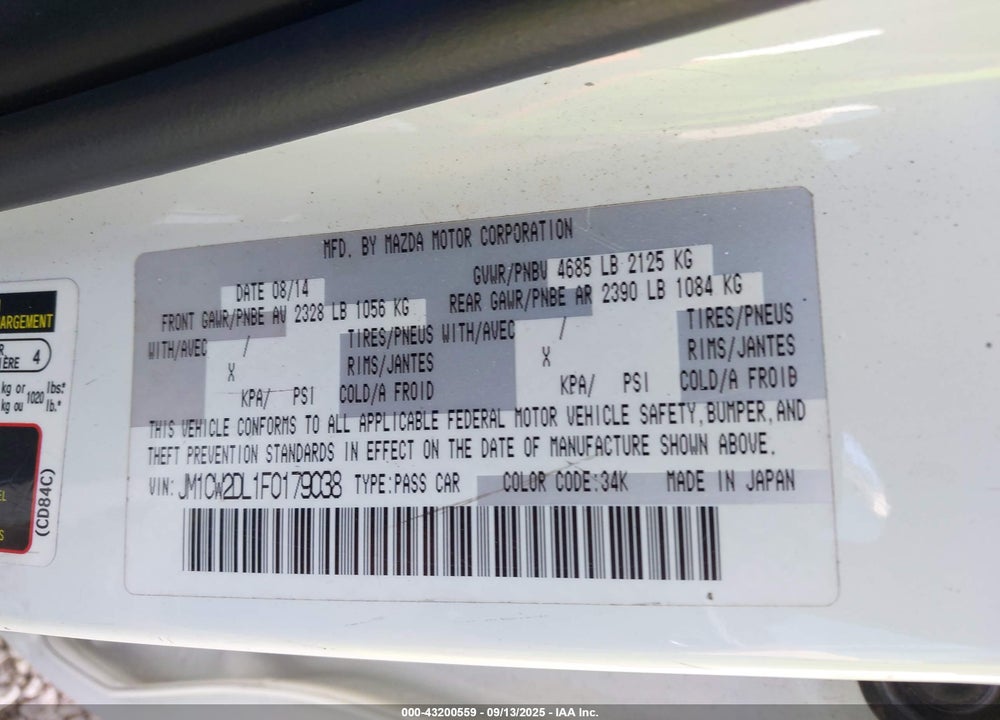 2015 MAZDA 5 GRAND TOURING VIN: JM1CW2DL1F0179038
