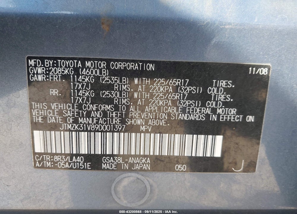 2009 TOYOTA RAV4 LIMITED V6 VIN: JTMZK31V89D001397