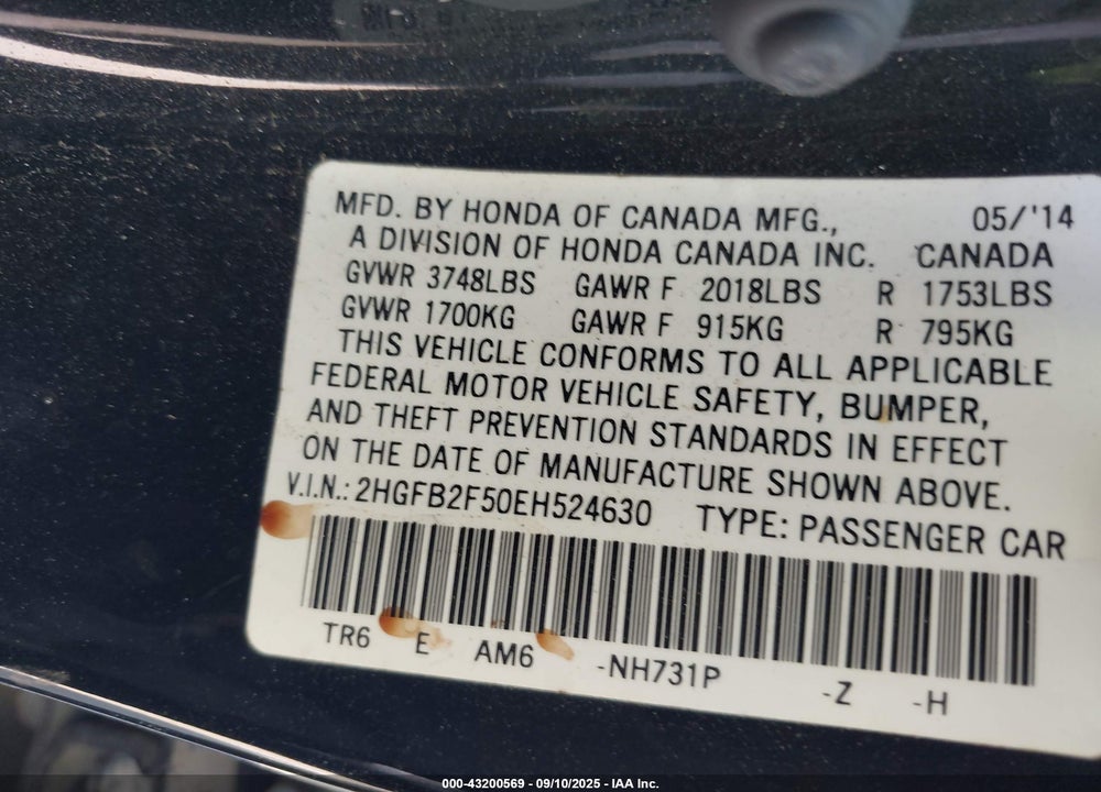 2014 HONDA CIVIC LX VIN: 2HGFB2F50EH524630