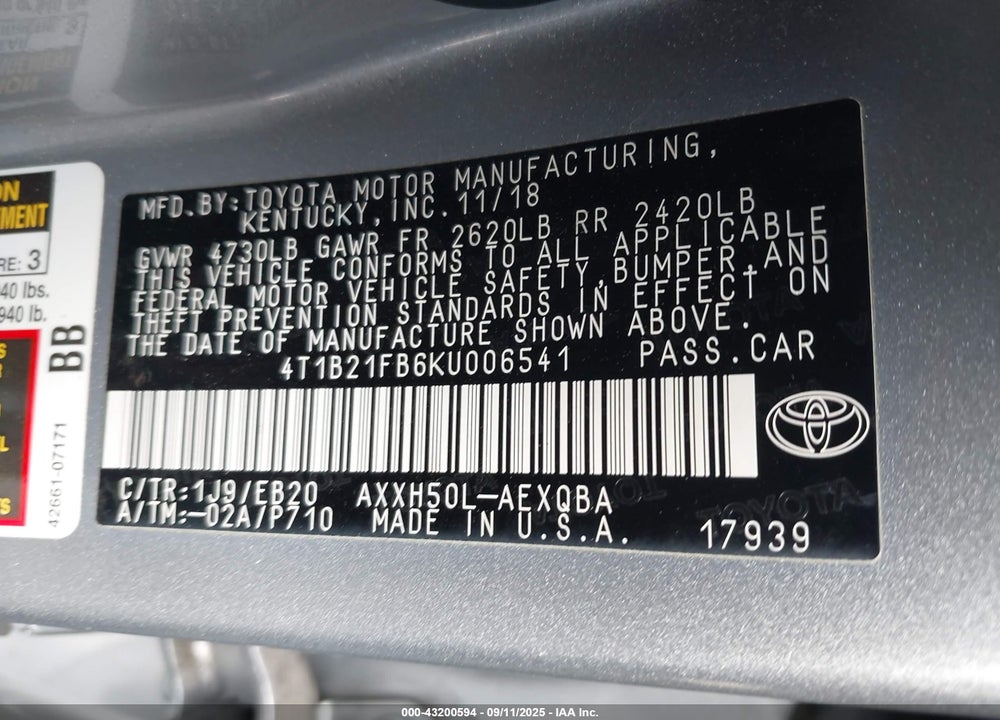 2019 TOYOTA AVALON HYBRID VIN: 4T1B21FB6KU006541