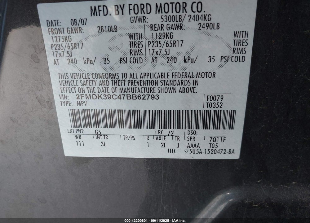 2007 FORD EDGE SEL PLUS VIN: 2FMDK39C47BB62793