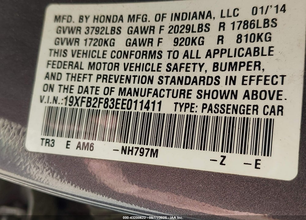 2014 HONDA CIVIC VIN: 19XFB2F83EE011411