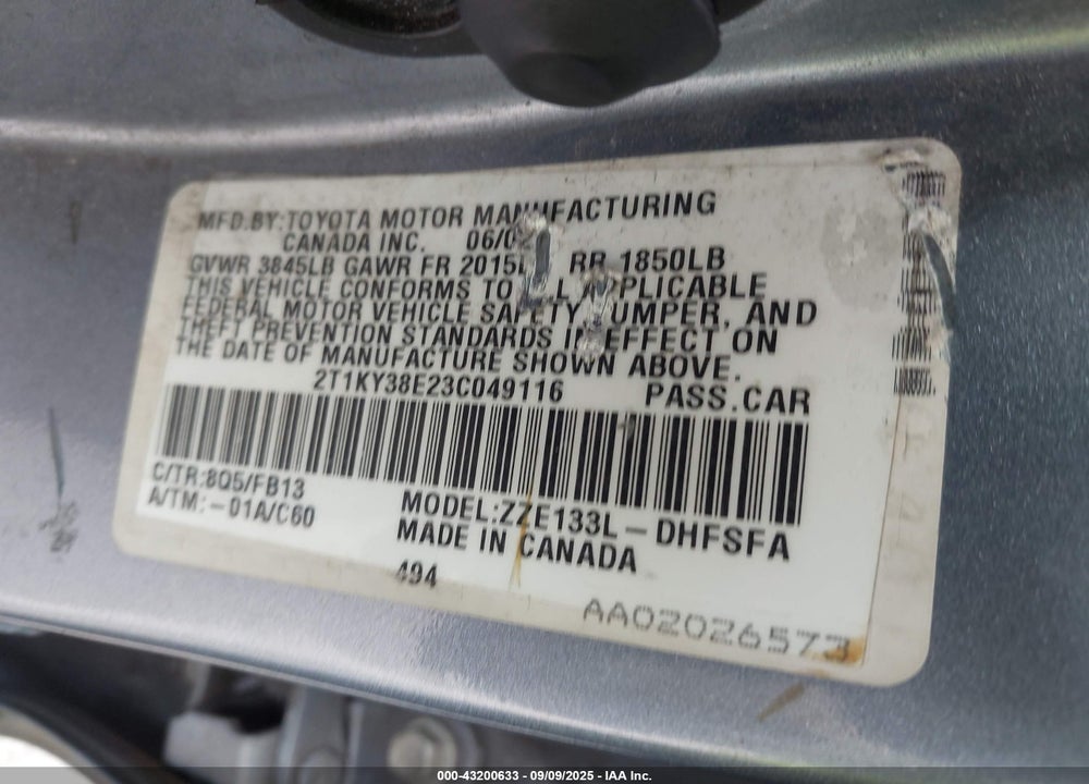 2003 TOYOTA MATRIX XRS VIN: 2T1KY38E23C049116