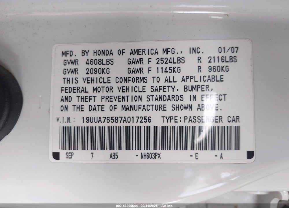 2007 ACURA TL TYPE S VIN: 19UUA76587A017256