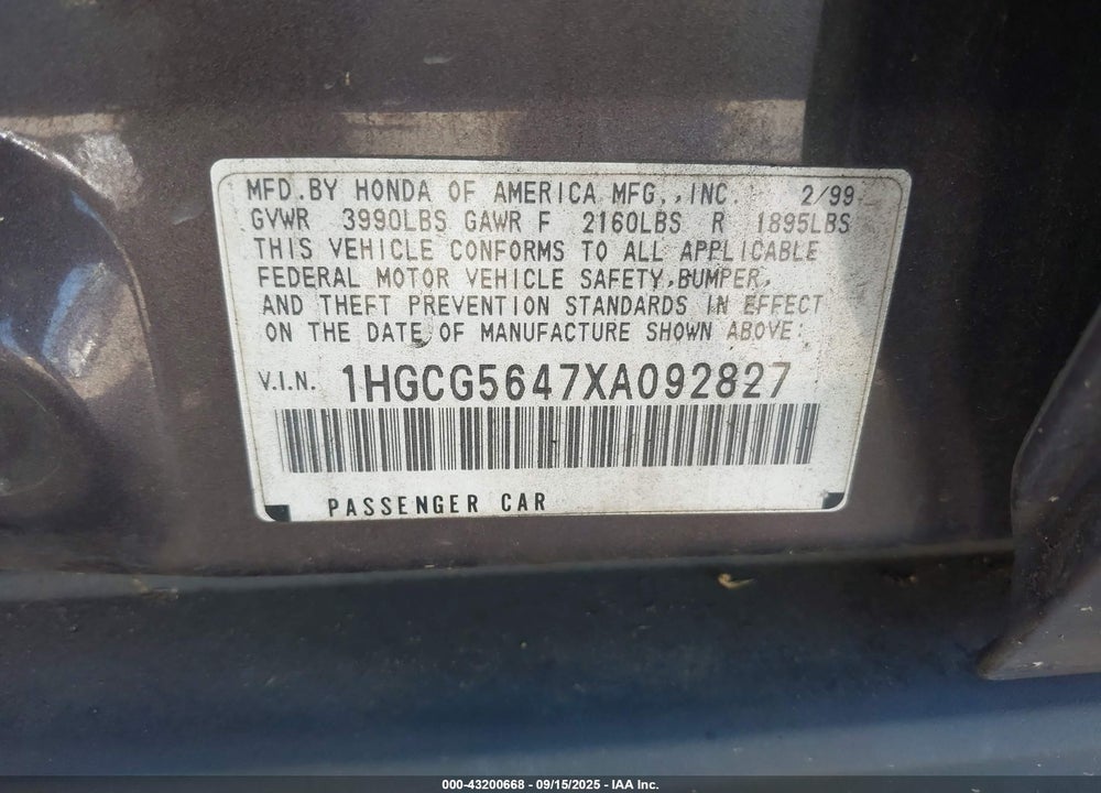1999 HONDA ACCORD LX VIN: 1HGCG5647XA092827