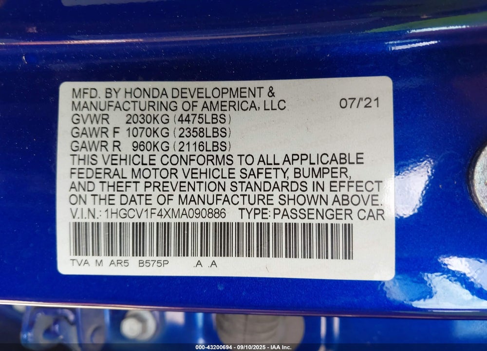 2021 HONDA ACCORD VIN: 1HGCV1F4XMA090886