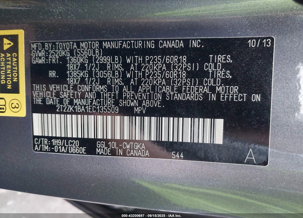 2014 LEXUS RX 350 VIN: 2T2ZK1BA1EC135509