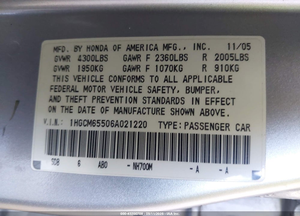 2006 HONDA ACCORD 3.0 EX VIN: 1HGCM65506A021220