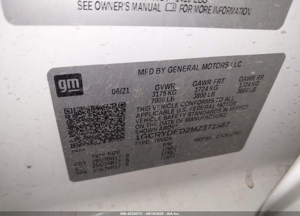 2021 CHEVROLET SILVERADO 1500 VIN: 1GCRYDED2MZ371567