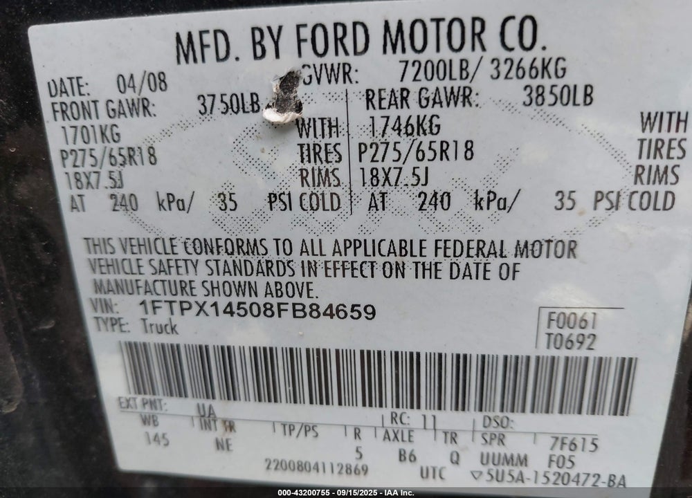 2008 FORD F-150 VIN: 1FTPX14508FB84659