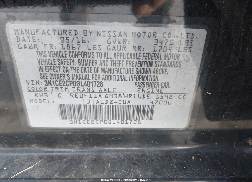 2016 NISSAN VERSA NOTE S (SR)/S PLUS/SL/SR/SV VIN: 3N1CE2CP0GL401728
