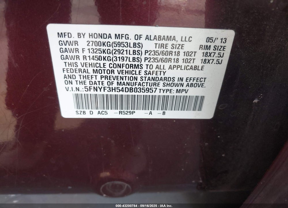 2013 HONDA PILOT EX-L VIN: 5FNYF3H54DB035957