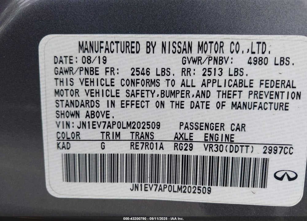 2020 INFINITI Q50 LUXE VIN: JN1EV7AP0LM202509
