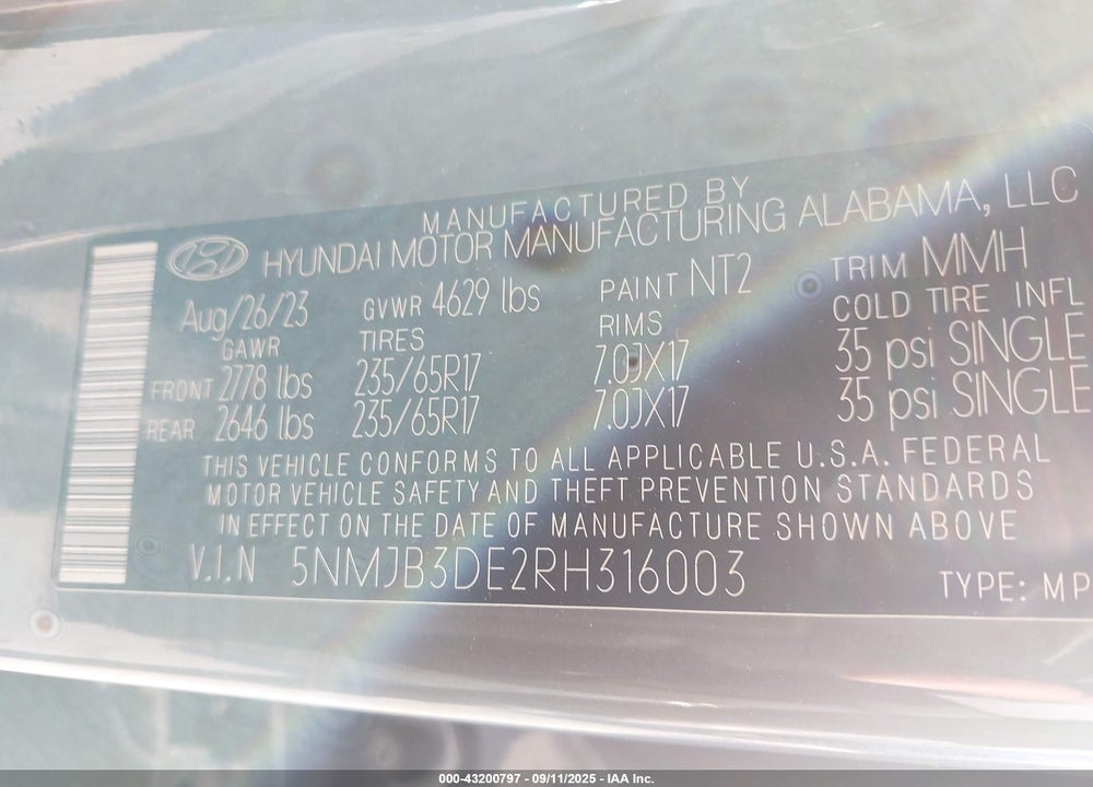 2024 HYUNDAI TUCSON VIN: 5NMJB3DE2RH316003