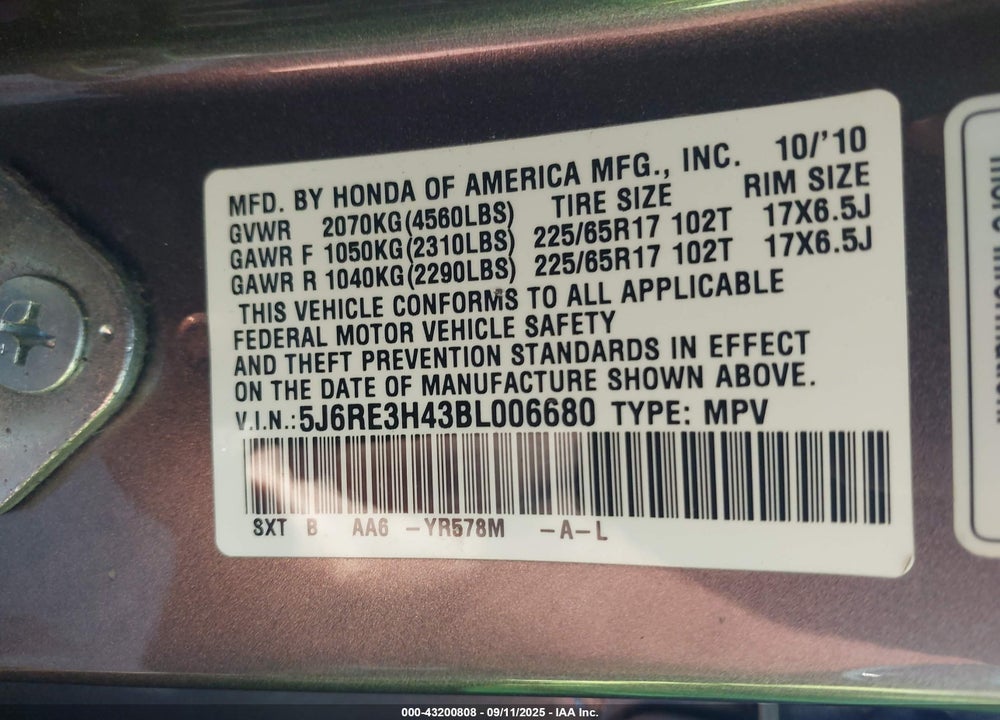 2011 HONDA CR-V VIN: 5J6RE3H43BL006680