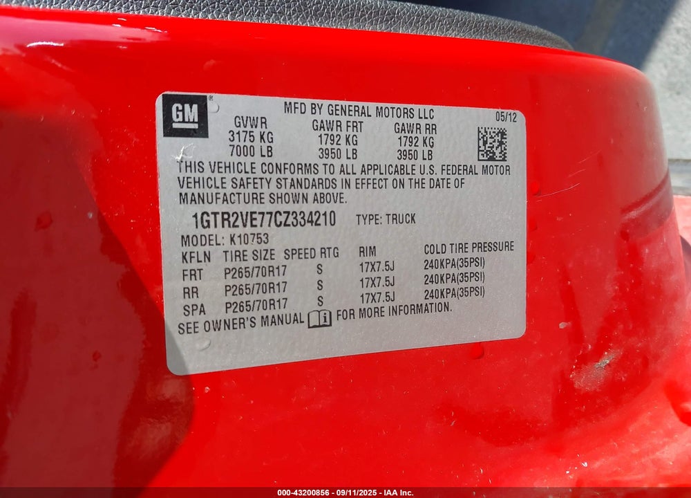 2012 GMC SIERRA 1500 VIN: 1GTR2VE77CZ334210