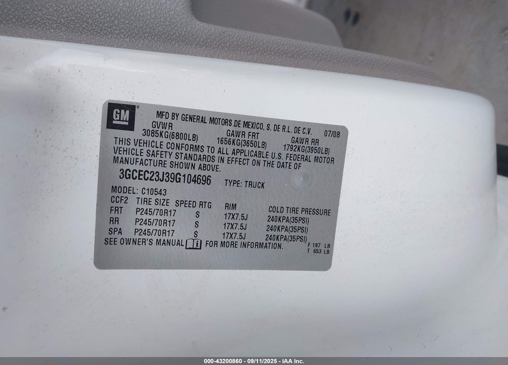 2009 CHEVROLET SILVERADO 1500 VIN: 3GCEC23J39G104696
