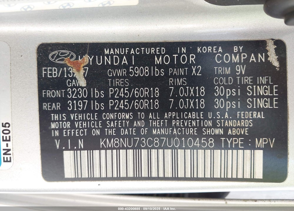 2007 HYUNDAI VERACRUZ GLS/LIMITED/SE VIN: KM8NU73C87U010458