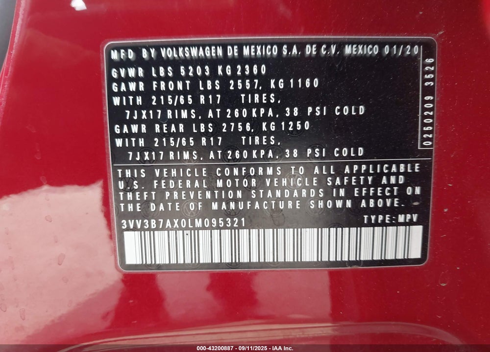 2020 VOLKSWAGEN TIGUAN VIN: 3VV3B7AX0LM095321