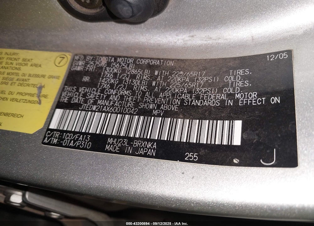 2006 TOYOTA HIGHLANDER HYBRID VIN: JTEDW21AX60010042