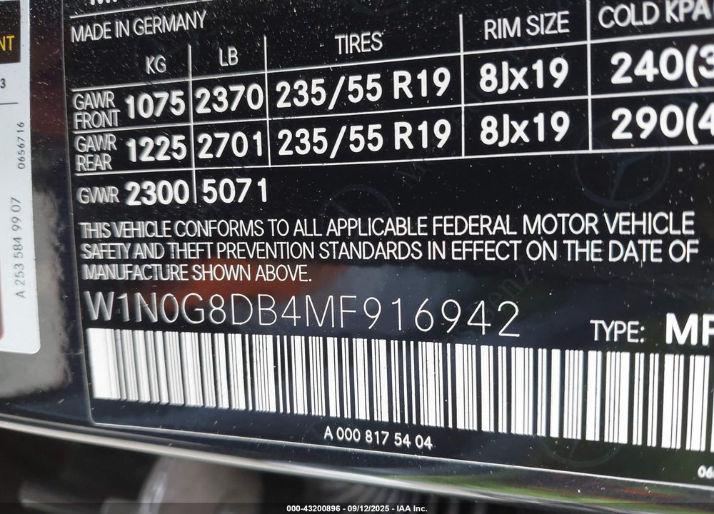 2021 MERCEDES-BENZ GLC CLASS VIN: W1N0G8DB4MF916942
