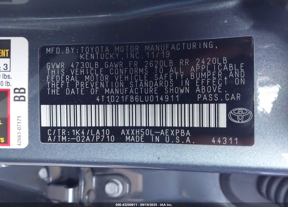 2020 TOYOTA AVALON HYBRID LIMITED VIN: 4T1D21FB6LU014911