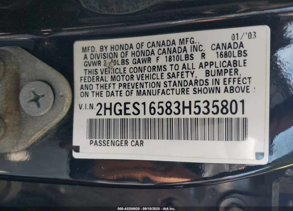 2003 HONDA CIVIC LX VIN: 2HGES16583H535801