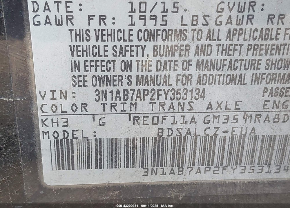 2015 NISSAN SENTRA S VIN: 3N1AB7AP2FY353134
