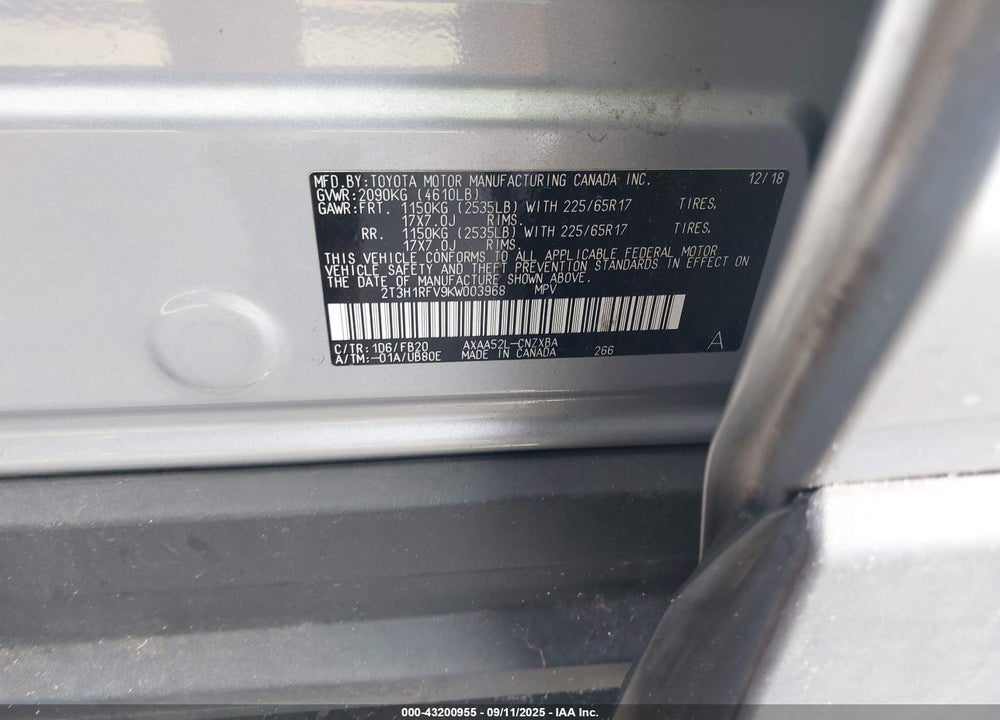 2019 TOYOTA RAV4 VIN: 2T3H1RFV9KW003968