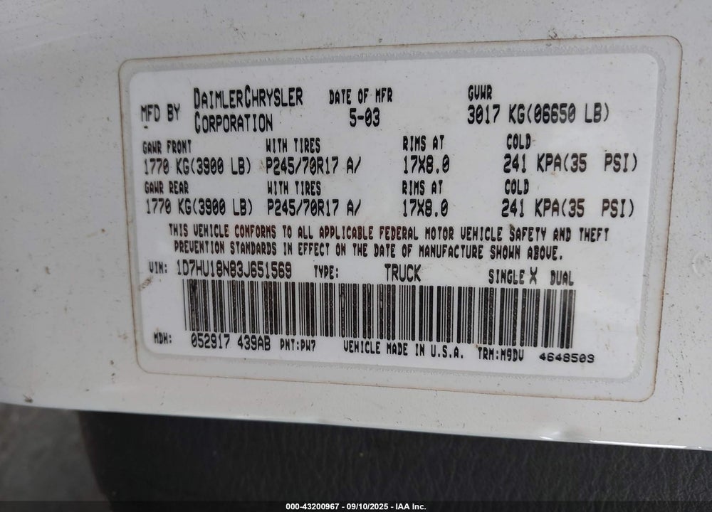 2003 DODGE RAM 1500 SLT/LARAMIE/ST VIN: 1D7HU18N83J651569