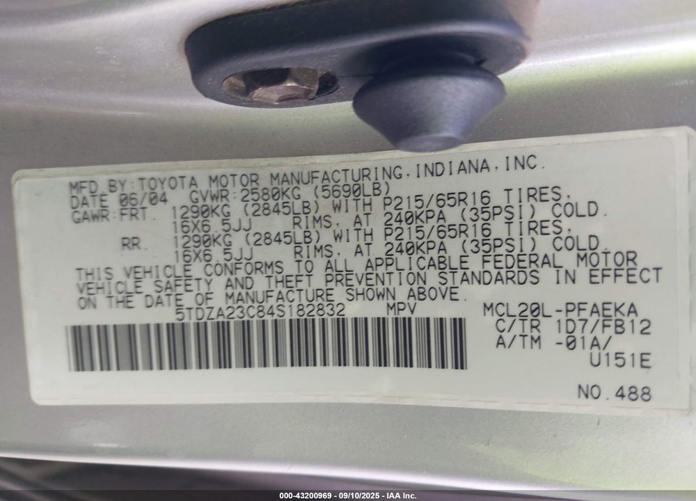 2004 TOYOTA SIENNA LE VIN: 5TDZA23C84S182832