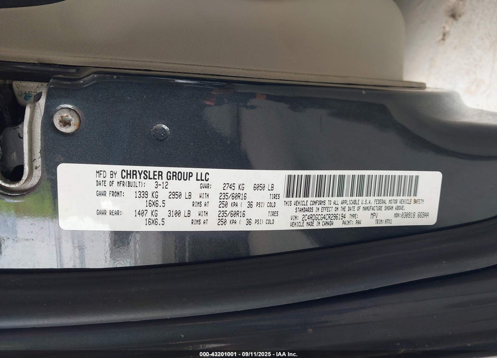 2012 DODGE GRAND CARAVAN SXT VIN: 2C4RDGCG4CR296194